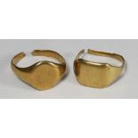 An 18ct gold broken signet ring, together with another broken signet ring, (tests as 18ct gold),