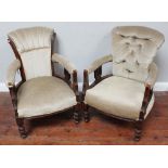 Two various Victorian open upholstered armchairs, with lyre splats, mushroom coloured upholstery, on