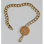 A 9ct gold flat curb-link bracelet, hung with an ERII year 2000 half-sovereign, 10.0g