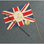 An Edward VII coronation flag, together with a gold-plated topped walking stick and a brass