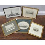 Five assorted engravings comprising Calshot Castle by J Walker, Portsmouth, The Royal Dock Yard