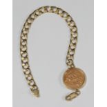 A 9ct gold flat curb-link bracelet, hung with an ERII year 2000 half-sovereign, 9.7g