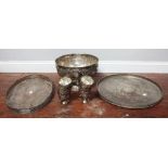 A large silver-plated punch bowl approx. 36cm diam, with eight cups, together with two large