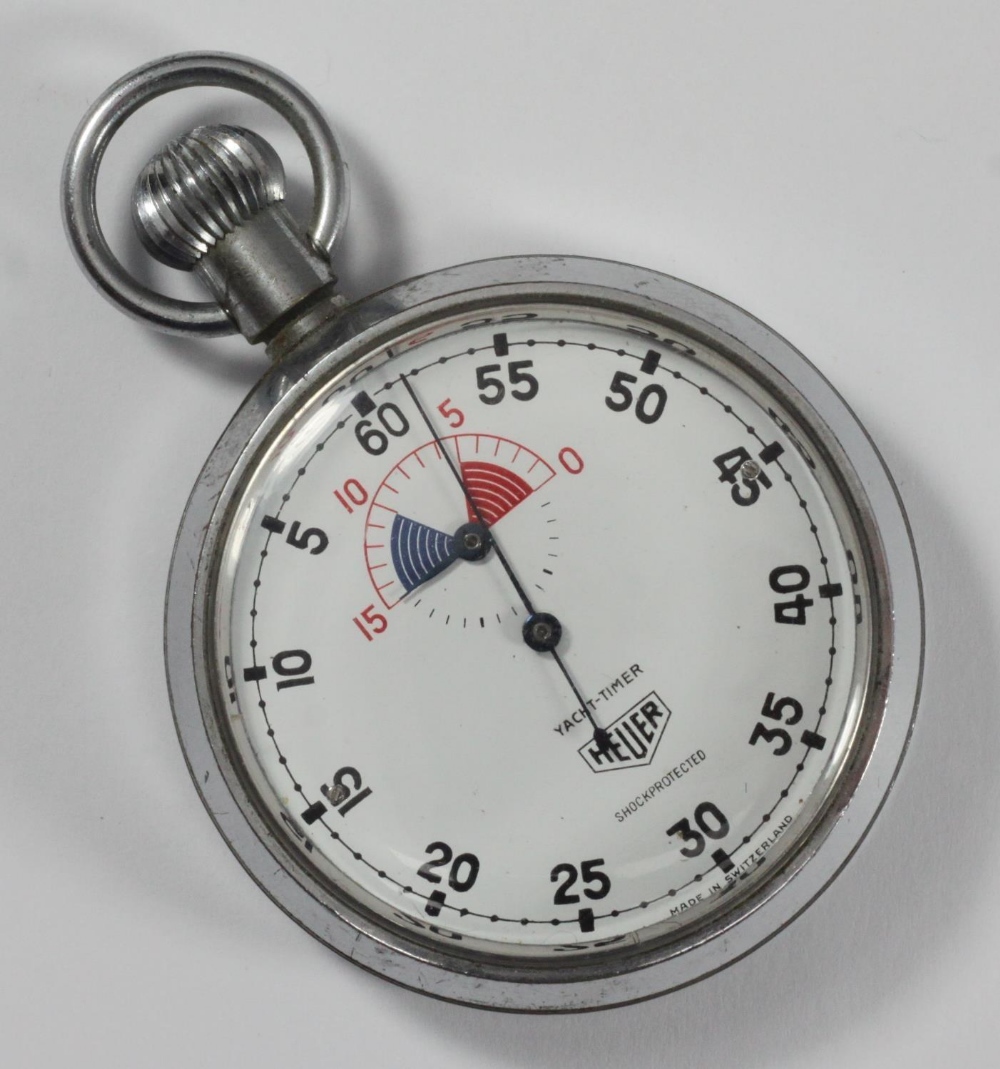 A Heuer Yacht-Timer white metal cased stopwatch, with white dial, Arabic numerals, red and blue