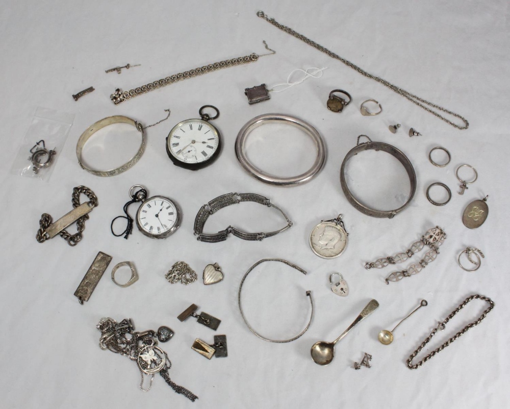 Two silver-cased pocket watches together with a quantity of silver jewellery including a silver