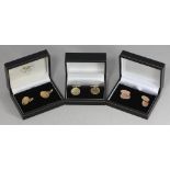 Rowans Appeal - Three various pairs of 9ct gold cufflinks with engraved faces, approx. 18g