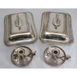 A pair of silver-plated tureen and covers, of rectangular form with gadrooned rims and detachable