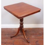 A 19th century mahogany tilt-top pedestal table with square top, raised on turned support to down-