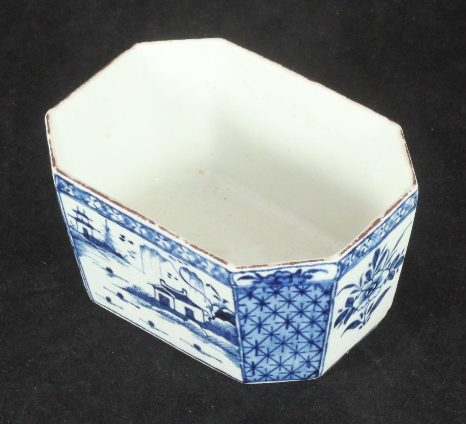 A Derby porcelain blue and white butter tub of elongated octagonal form, c1760, decorated with - Image 2 of 4