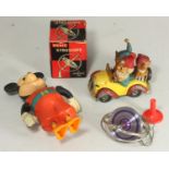A Corgi Noddy and friends car, together with a wind-up Mickey Mouse (not winding) and a gyroscope (
