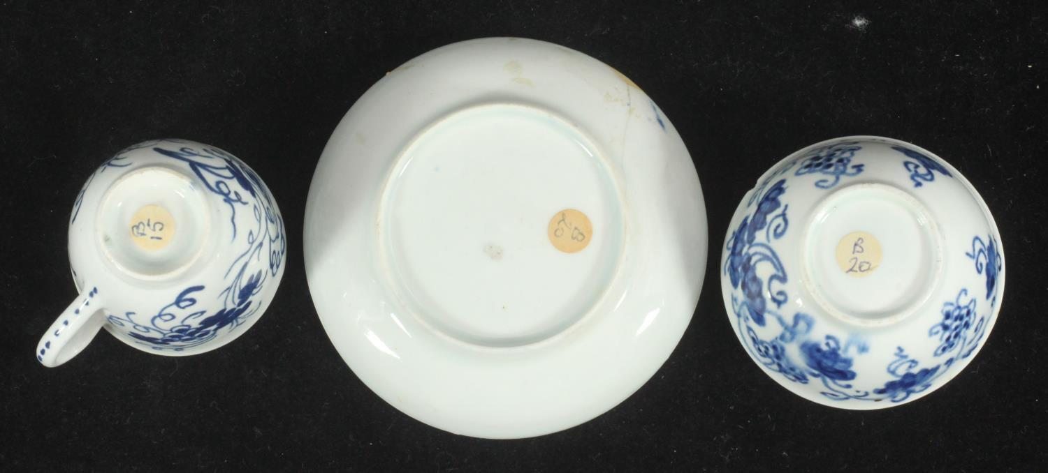 A Bow porcelain miniature tea bowl, saucer and coffee cup painted in underglaze blue in the ' - Image 3 of 3