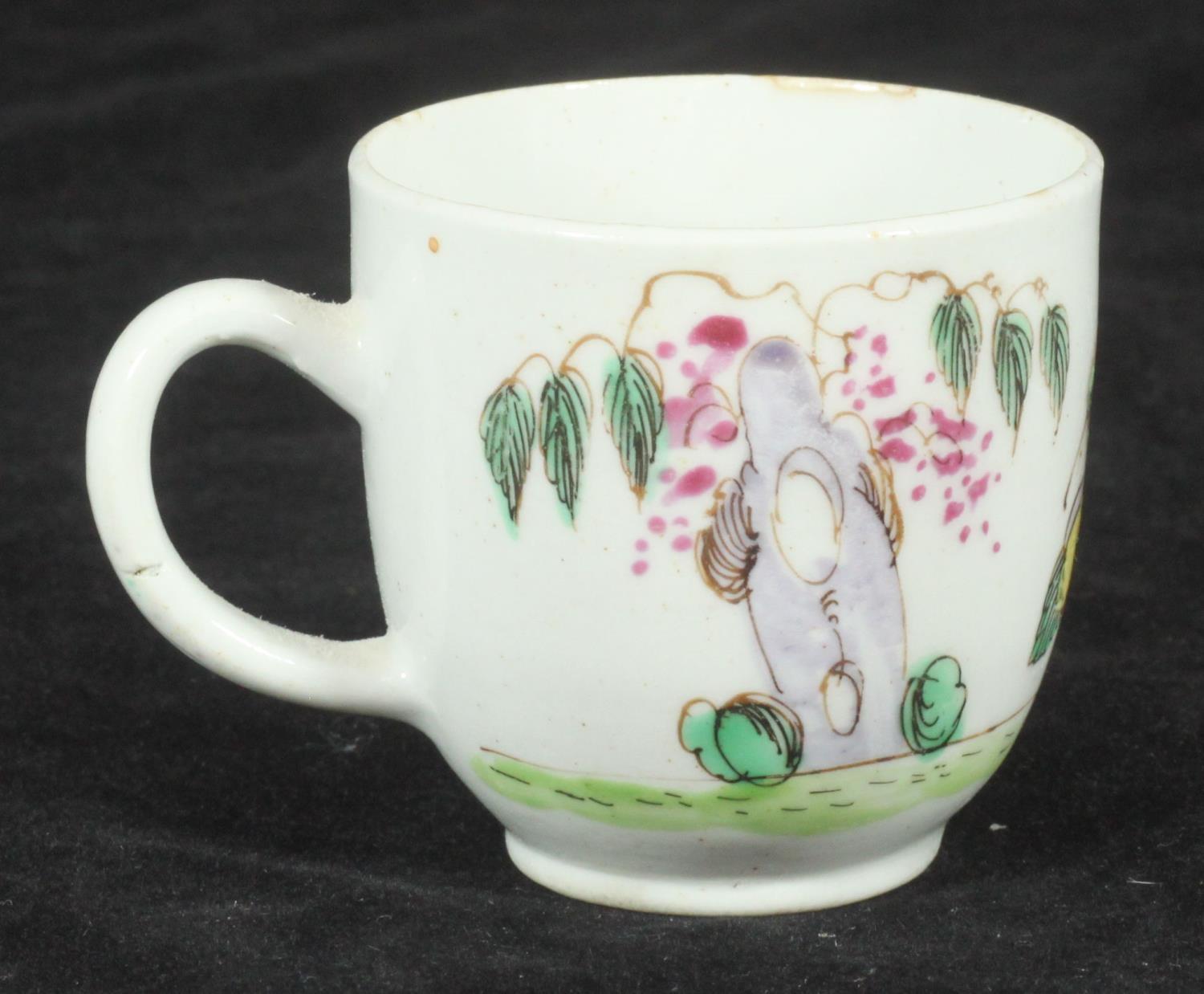 A Bow porcelain coffee cup, c1753-55, decorated in polychrome enamels with exotic bird, insect, - Image 2 of 4