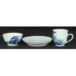 A Richard Chaffers Liverpool porcelain trio of tea bowl, saucer and coffee cup, decorated in