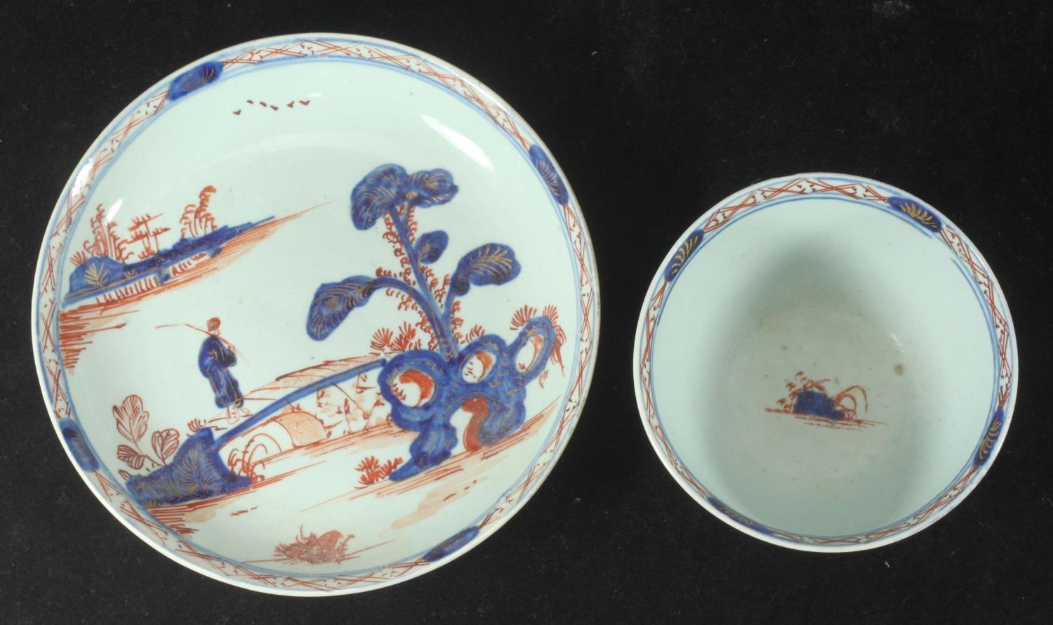 A William Ball Liverpool Porcelain tea bowl and saucer decorated with a 'man on a bridge' in - Image 2 of 3