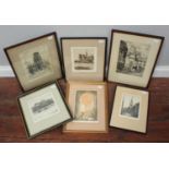 Six assorted engravings and prints, including a colour engraving of Bath Abbey and a scene of