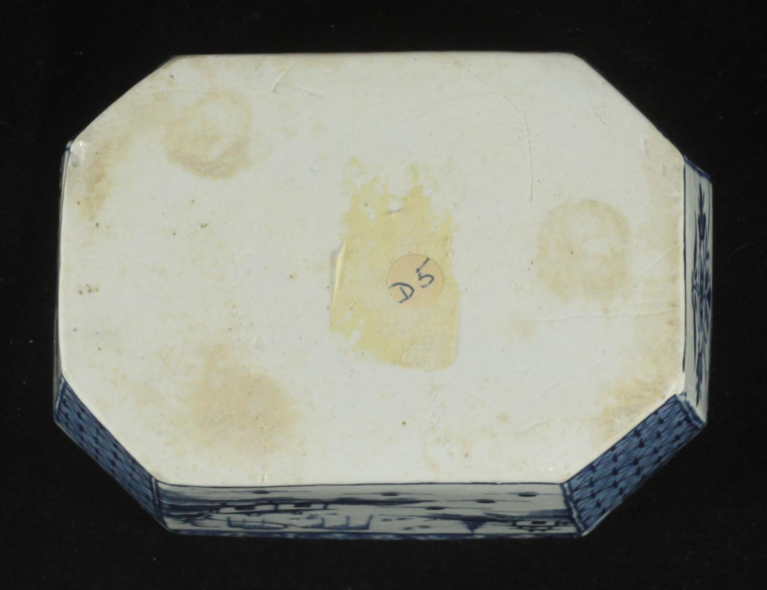 A Derby porcelain blue and white butter tub of elongated octagonal form, c1760, decorated with - Image 4 of 4