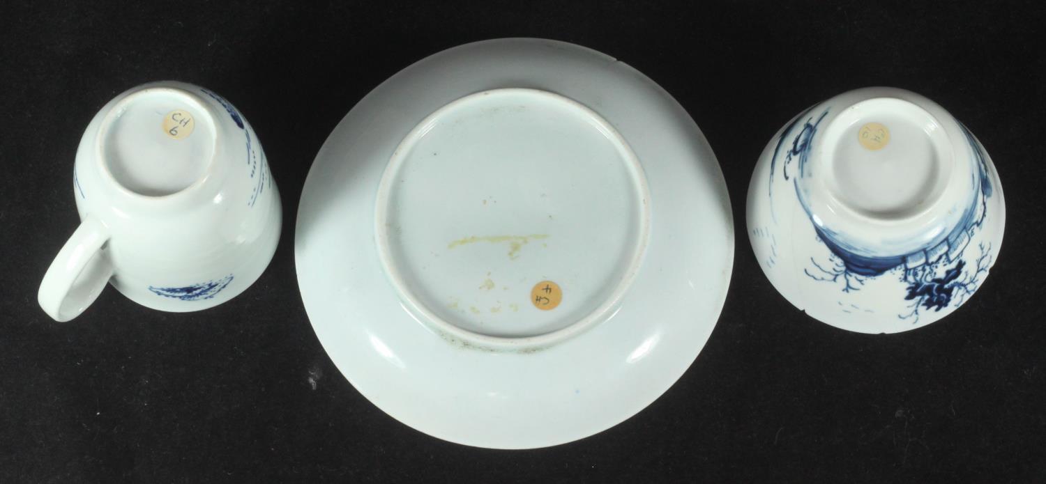 A Chaffers Liverpool porcelain cup, tea bowl and saucer, variously decorated in underglaze with - Image 3 of 3