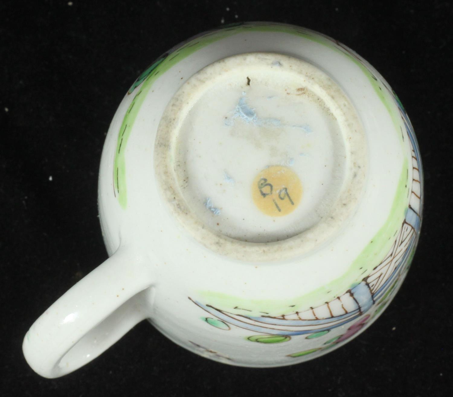 A Bow porcelain coffee cup, c1753-55, decorated in polychrome enamels with exotic bird, insect, - Image 3 of 4