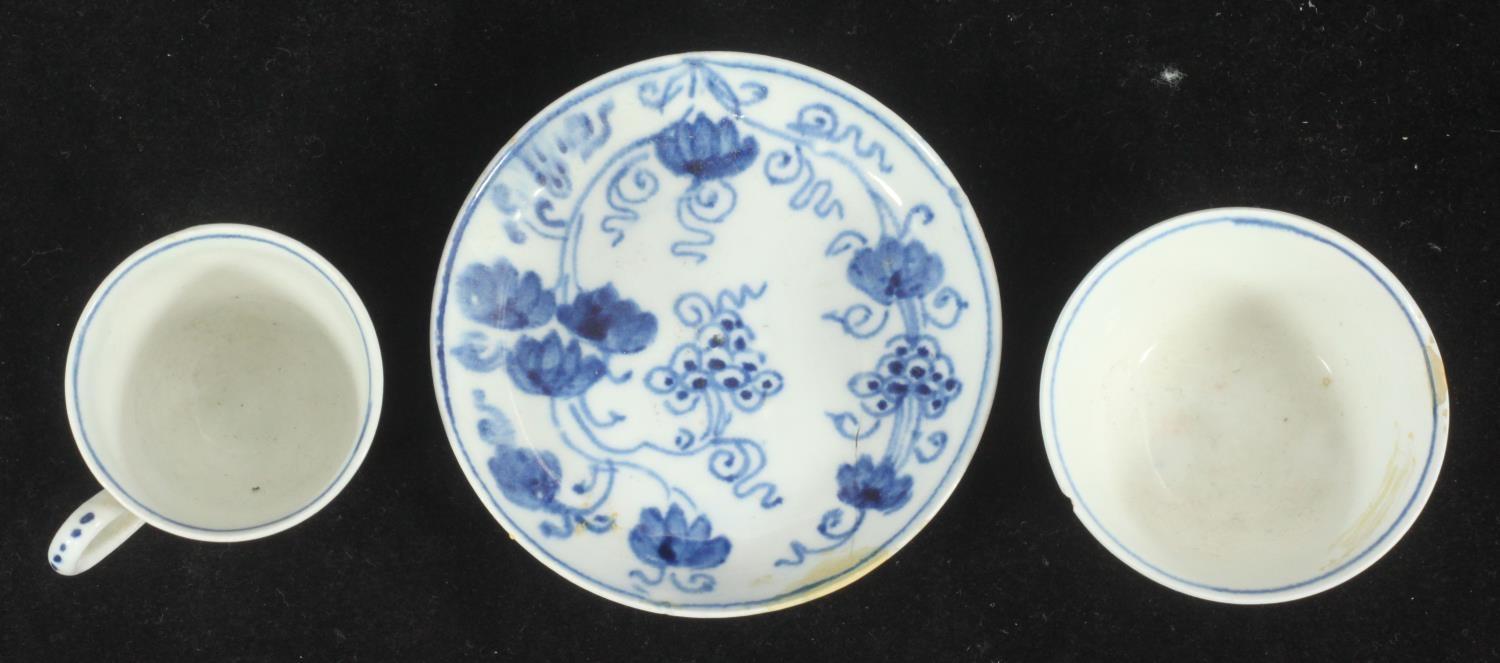 A Bow porcelain miniature tea bowl, saucer and coffee cup painted in underglaze blue in the ' - Image 2 of 3