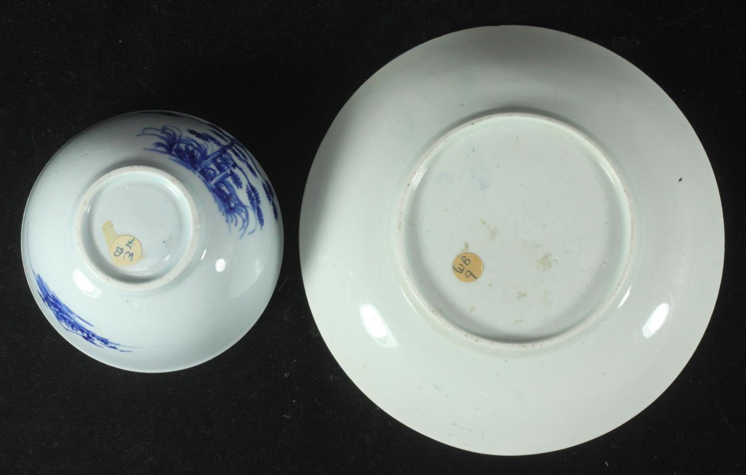 A William Ball Liverpool Porcelain tea bowl and matching saucer, decorated with pine trees and - Image 3 of 3