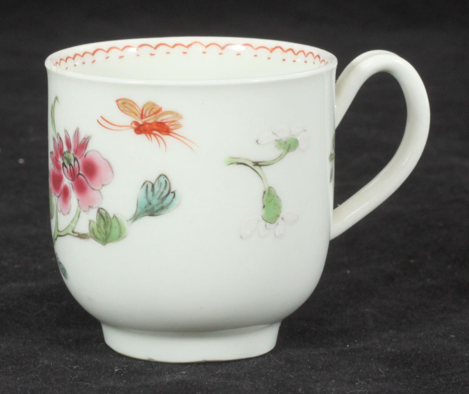 A Liverpool Christians coffee cup painted in polychrome enamels with the 'Harvest Bug' pattern