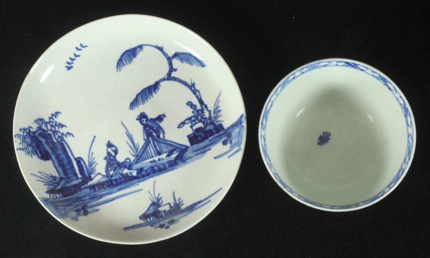 A William Ball Liverpool porcelain tea bowl, c1756, decorated in underglaze blue with a pagoda and - Image 2 of 3