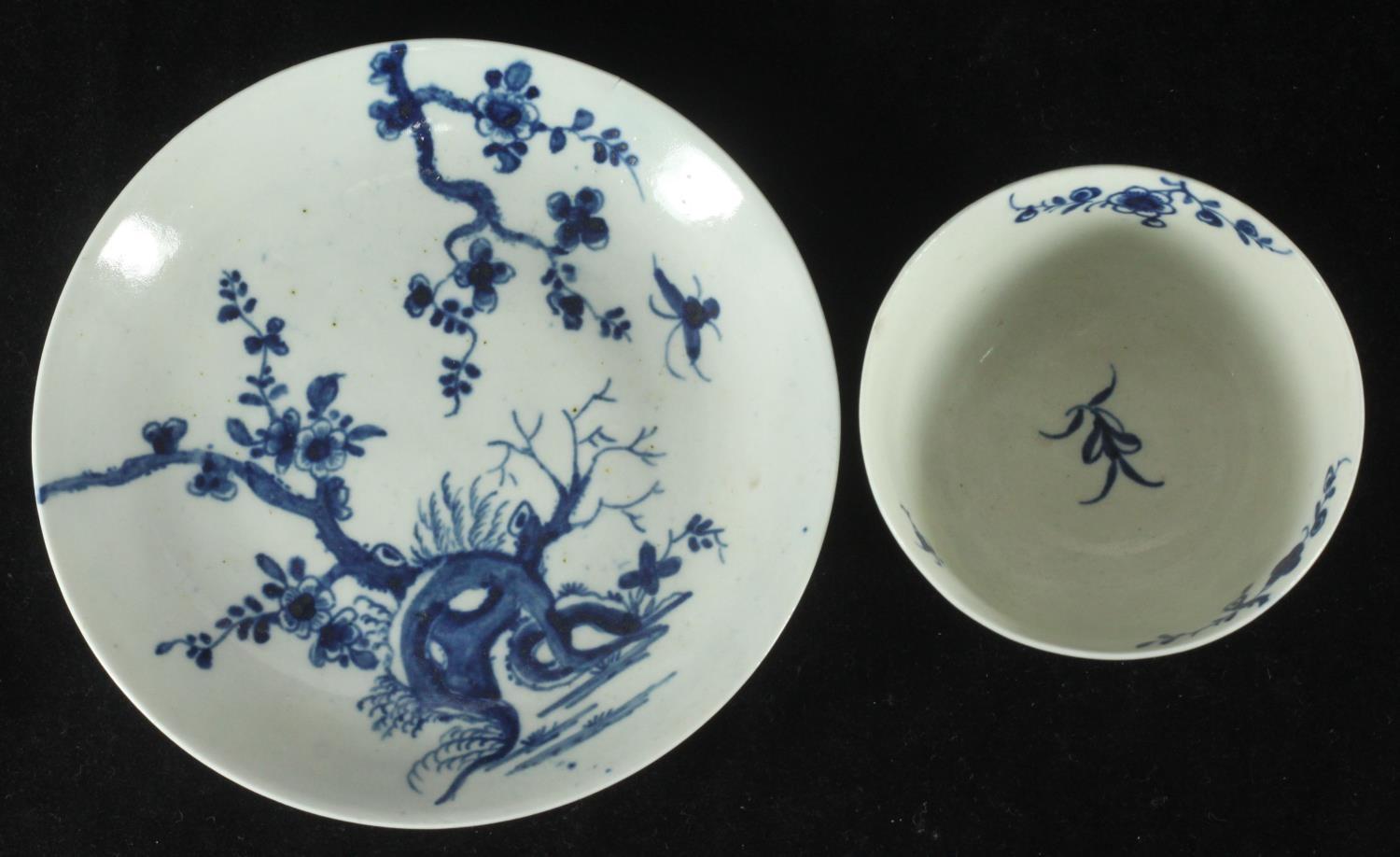 A Worcester Porcelain tea bowl and saucer, c1760, decorated in underglaze cobalt blue with the ' - Image 2 of 4