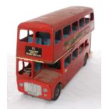 A Tri-ang tinplate London Double-Decker Bus, No 93 Wimbledon, Morden Putney Bridge Stn, 58cm long