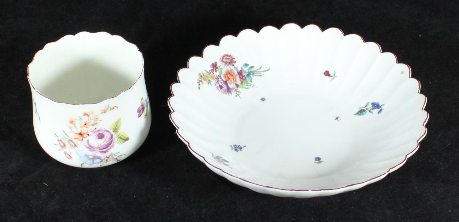 A Chelsea Red Anchor period finger bowl and similar Chelsea lobed dish, each painted with polychrome