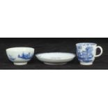 Three pieces of Bow Porcelain painted in underglaze blue, comprising coffee cup in 'Desirable