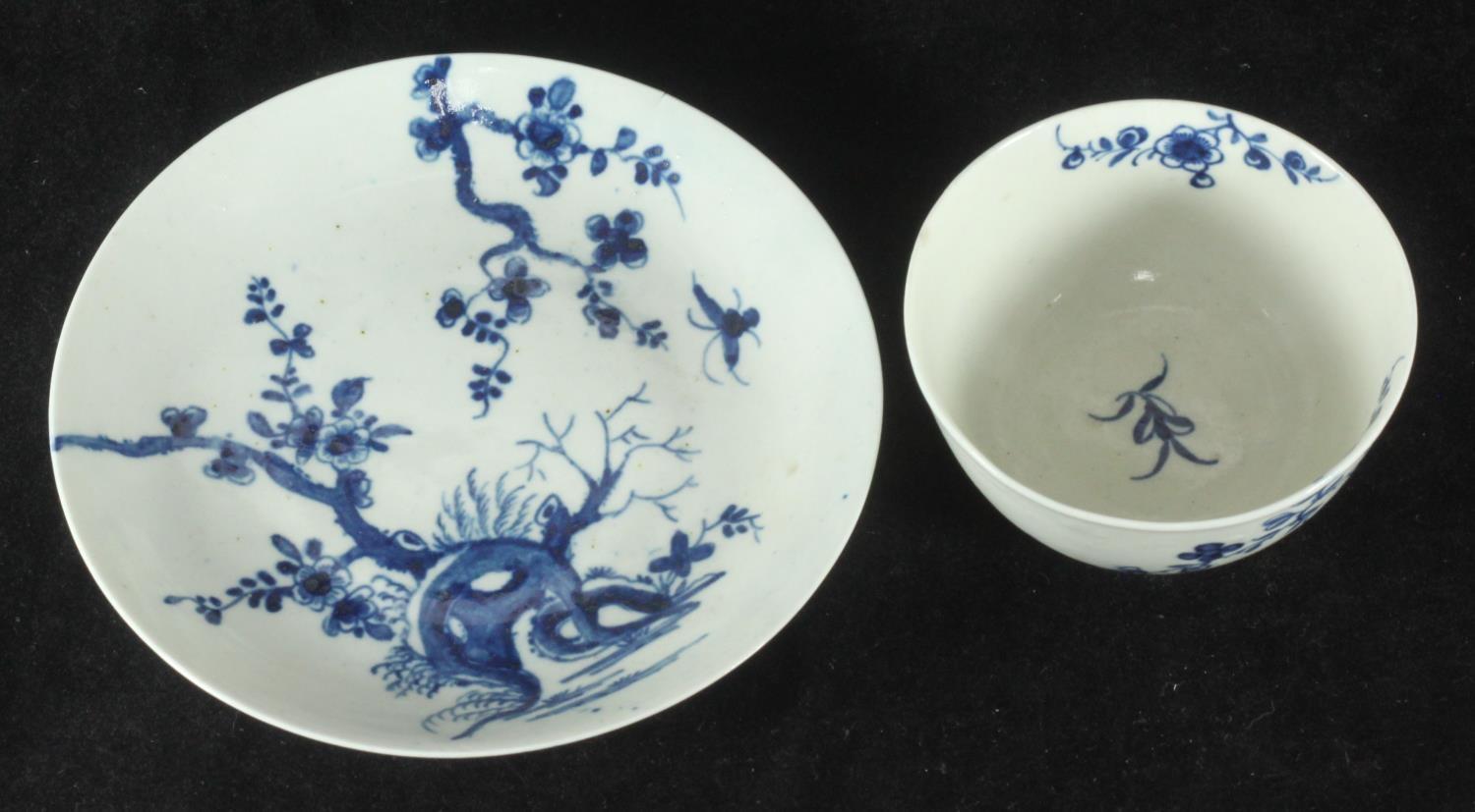 A Worcester Porcelain tea bowl and saucer, c1760, decorated in underglaze cobalt blue with the ' - Image 4 of 4