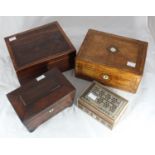 A 19th century mahogany sarcophagus tea caddy, together with a 19th C. walnut and parquetry workbox,