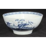 A Liverpool Christians slop bowl decorated in underglaze blue with two fisherman and a pagoda,