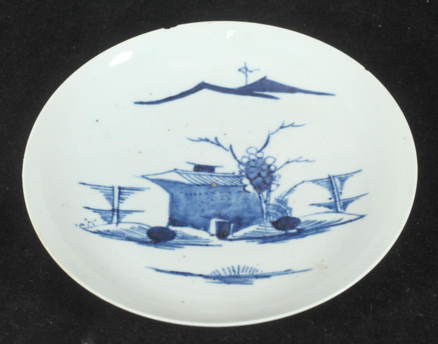 A Longton Hall porcelain saucer decorated in underglaze blue with a chinoiserie landscape, chip to - Image 3 of 3