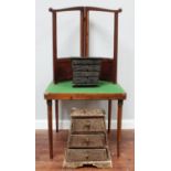 A folding card table with green baize top, together with two various Aztec style graduated wooden