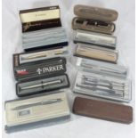 A collection of assorted cased pens, predominantly by 'Parker' including a 'Parker' Lady, in