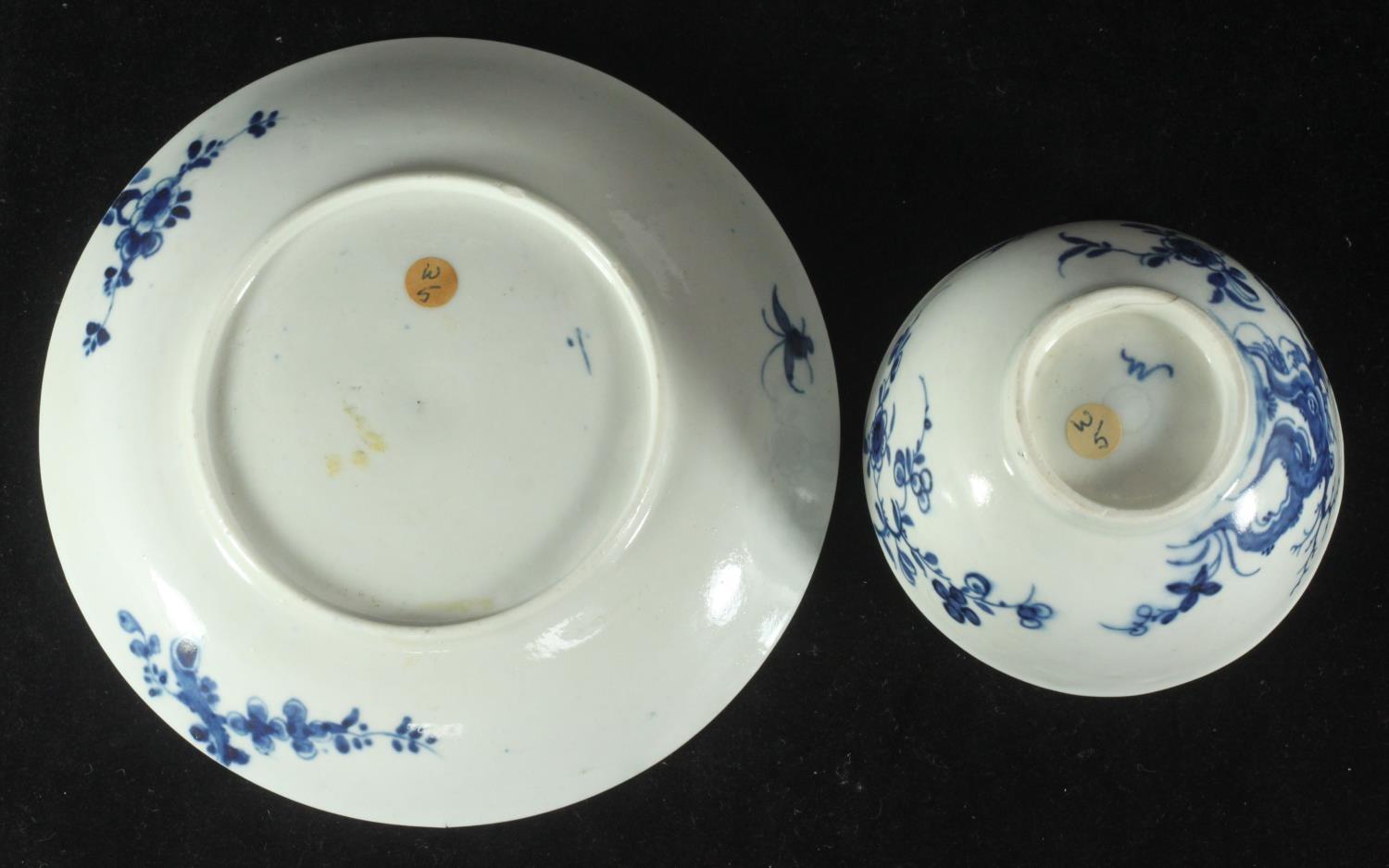 A Worcester Porcelain tea bowl and saucer, c1760, decorated in underglaze cobalt blue with the ' - Image 3 of 4