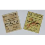 A Portsmouth v Wolves 1939 FA Cup Final ticket stub, together with a 1942 Portsmouth v Brentford War