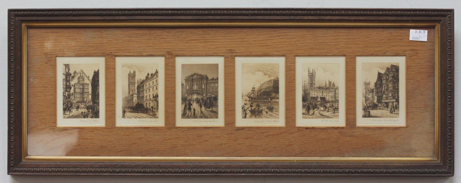 A collection of six 19th century monochrome etchings depicting landmarks around Bristol, all