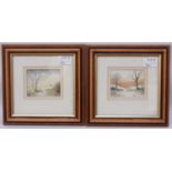 Two miniature country landscape scenes, depicting fields, trees and houses, signed with monogram '