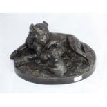 After W. Wolfe (German, 20th century) Bronzed sculpture of a Bull Mastiff and two pups, with