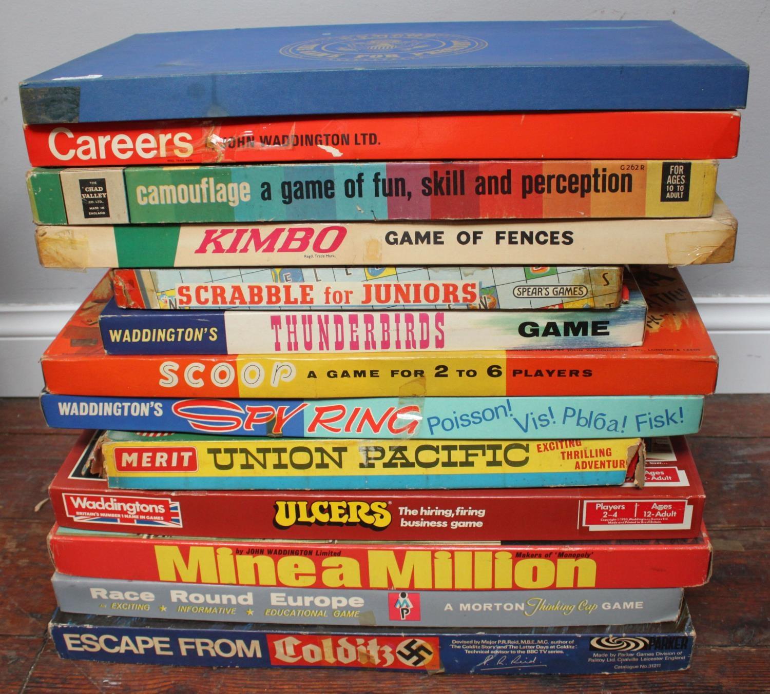 Thirteen various vintage board games including Escape From Colditz, Scoop, Thunderbirds, Kimbo & Spy