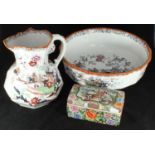 A Mason's Ironstone wash basin and jug, both pieces with typical chinoiserie decoration, together