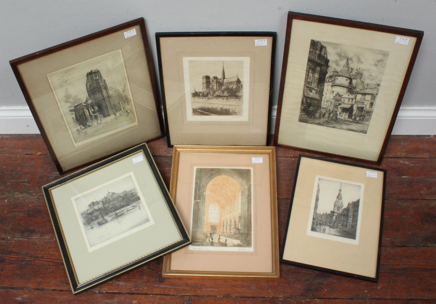 Six assorted engravings and prints, including a colour engraving of Bath Abbey and a scene of