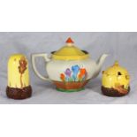 A Clarice Cliff 'Bizarre', Athens shaped teapot in the 'Crocus' pattern, 14cm high including handle,