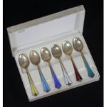 A cased set of six David Anderson .925 Sterling silver-gilt and coloured enamel coffee spoons