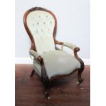 A Victorian mahogany spoon-back open armchair, in velvet button-back upholstery, together with a