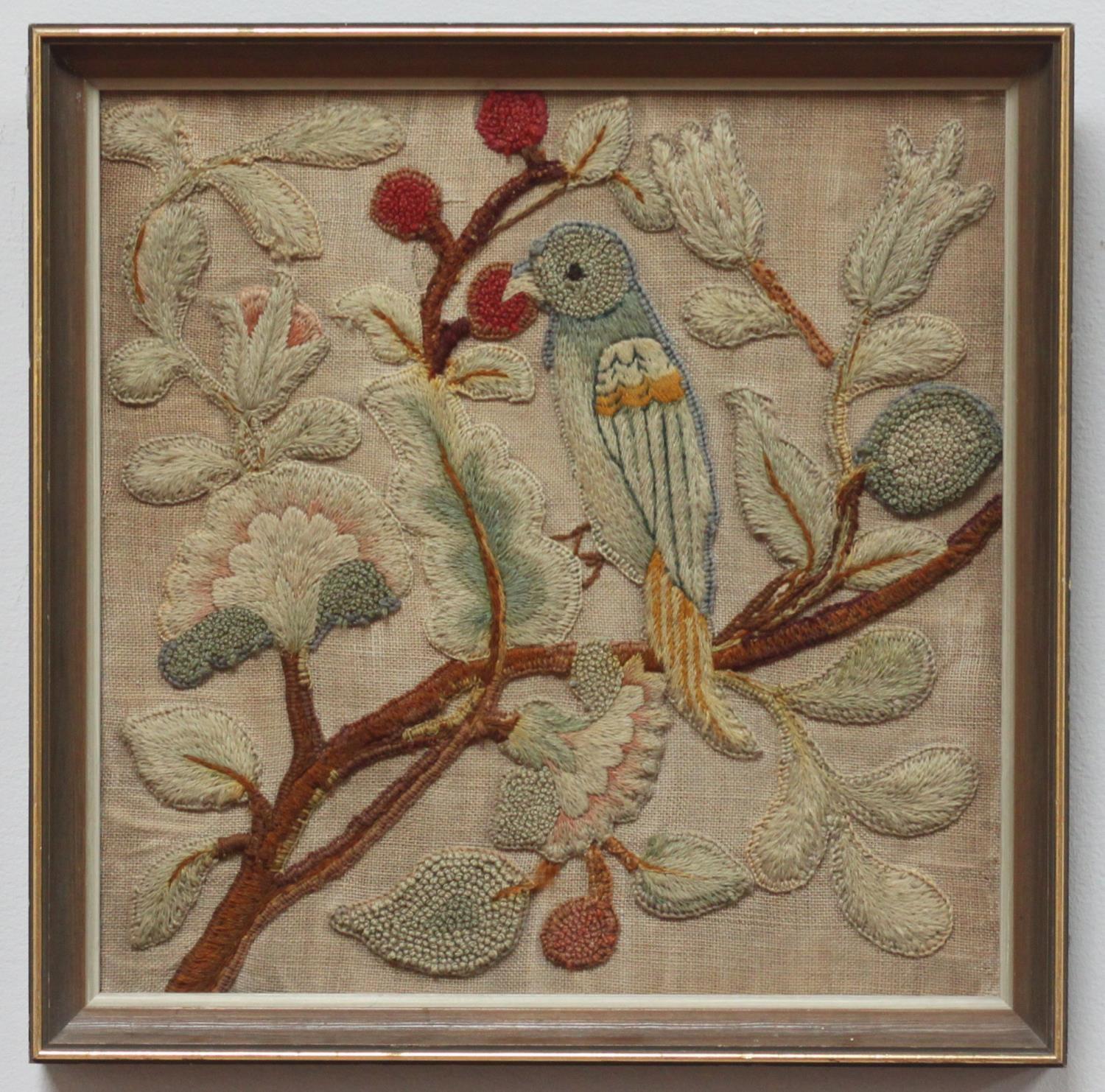 18th/19th Century crewel-work embroidery of a parrot perched in tree, framed, 30x30cm