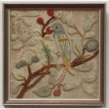18th/19th Century crewel-work embroidery of a parrot perched in tree, framed, 30x30cm