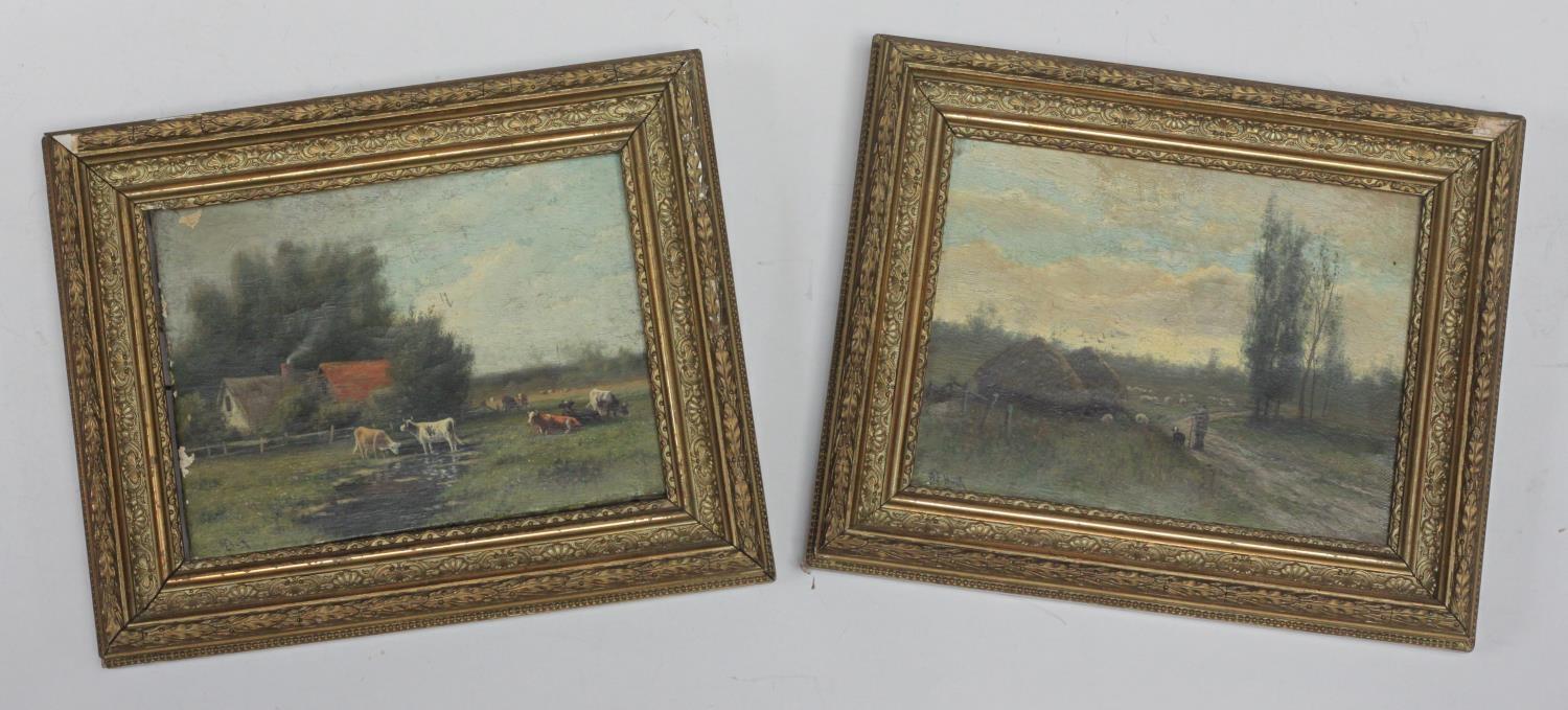 Abraham Hulk, a pair of oils on canvas, countryside landscapes, gilt framed, 15x20cm